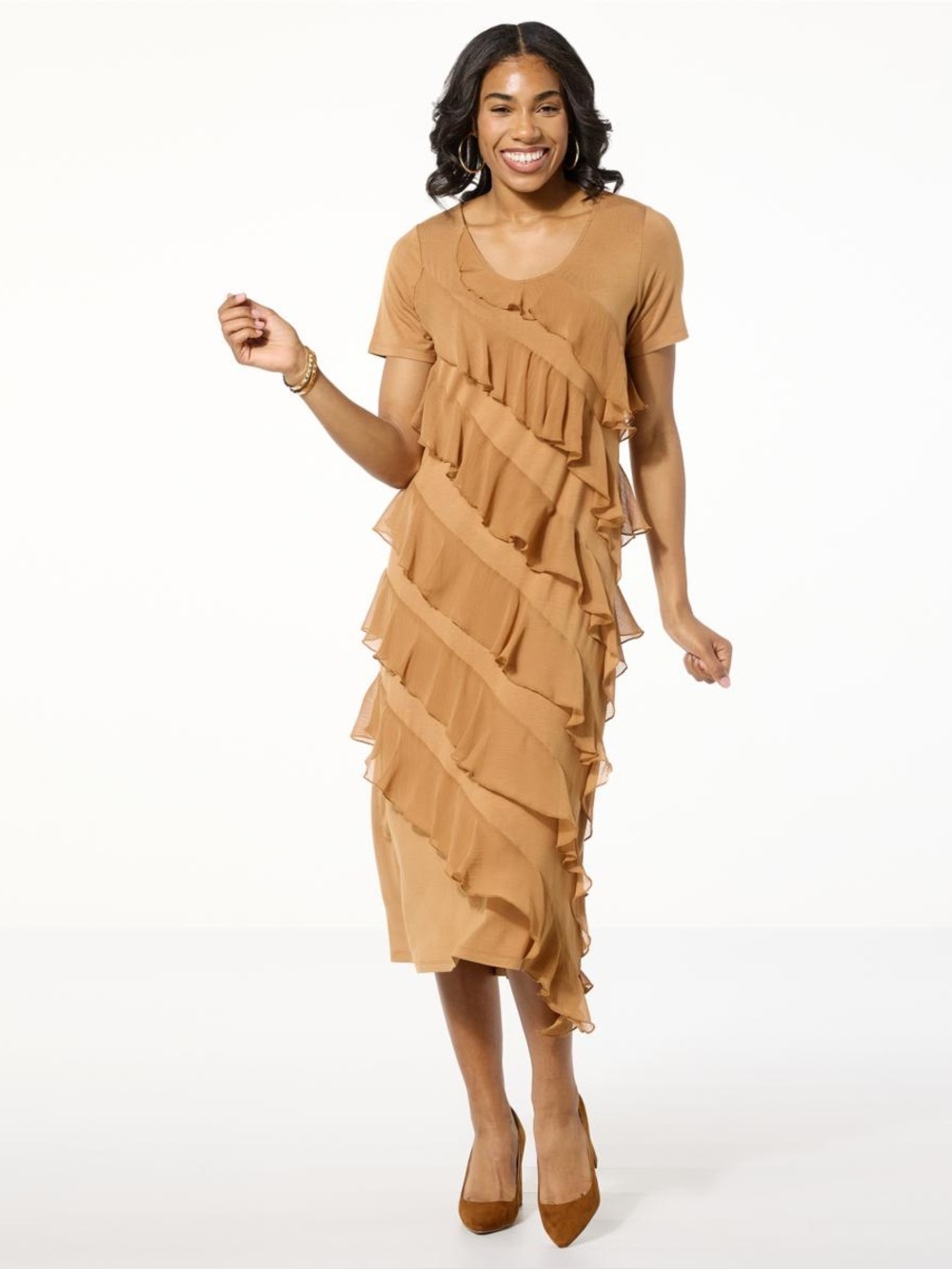 Colleen Lopez Knit Tiered Ruffle Midi Dress Caramel 1X NWOT